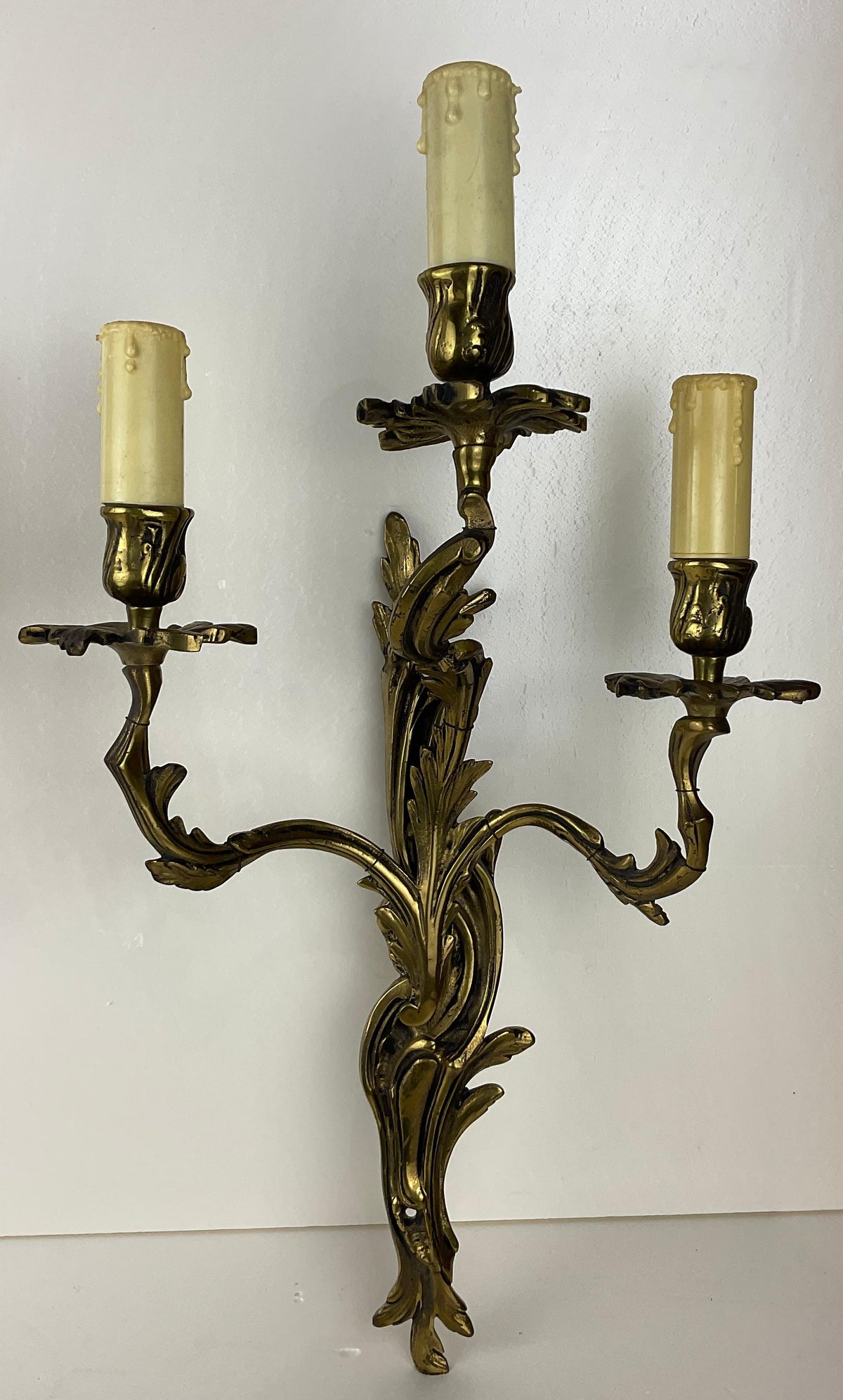 Pair of French Louis XV Style Gilt Bronze Three-Armed Sconces — detail 6
