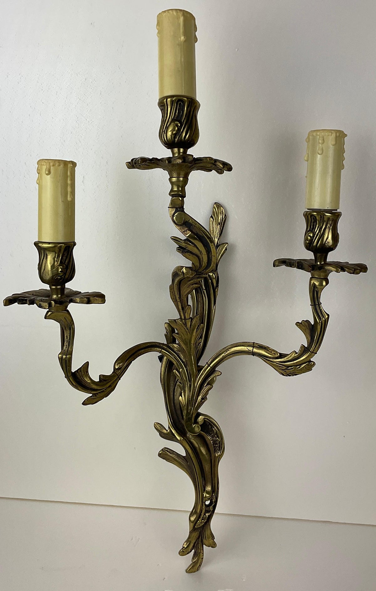 Pair of French Louis XV Style Gilt Bronze Three-Armed Sconces — detail 7