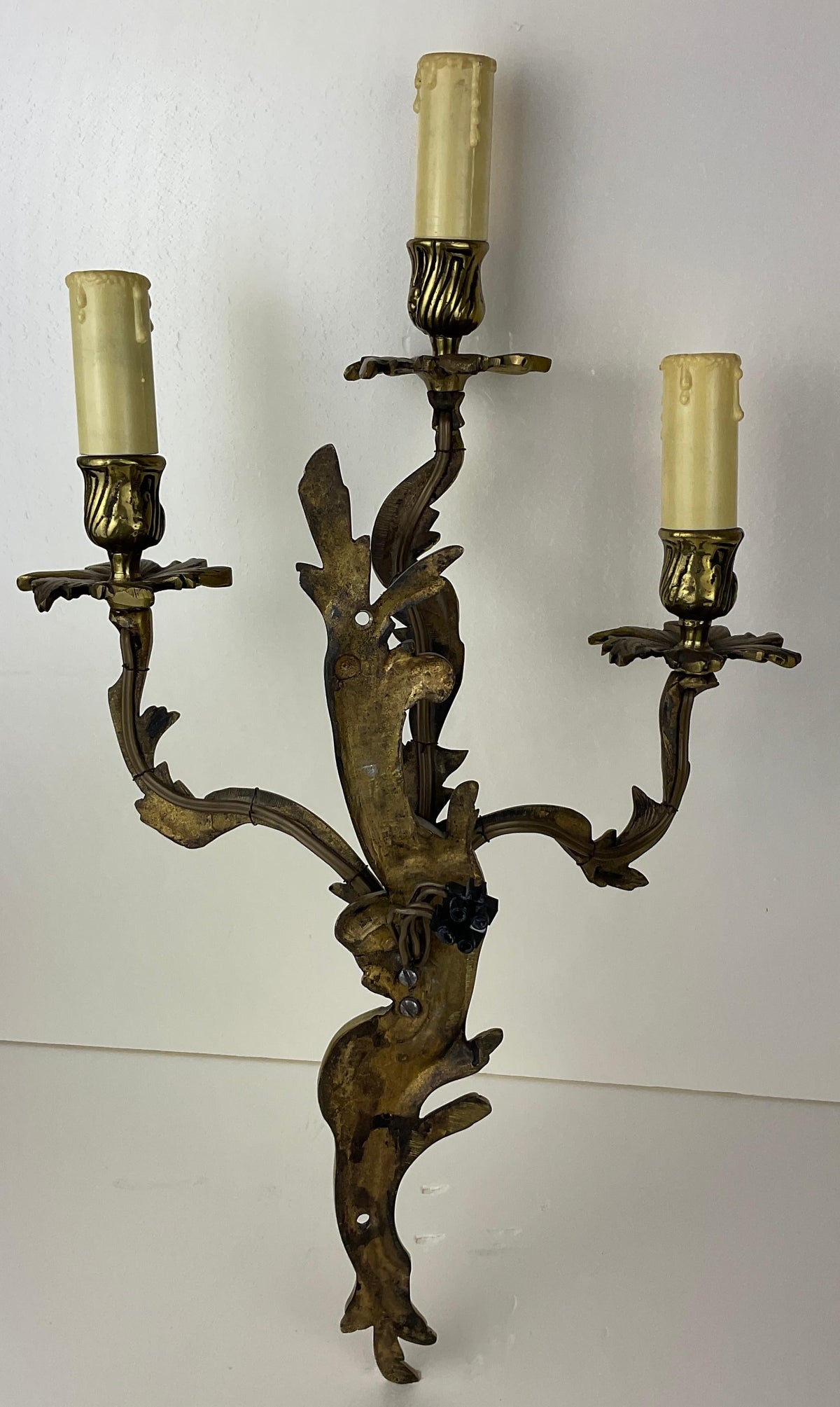 Pair of French Louis XV Style Gilt Bronze Three-Armed Sconces — detail 8