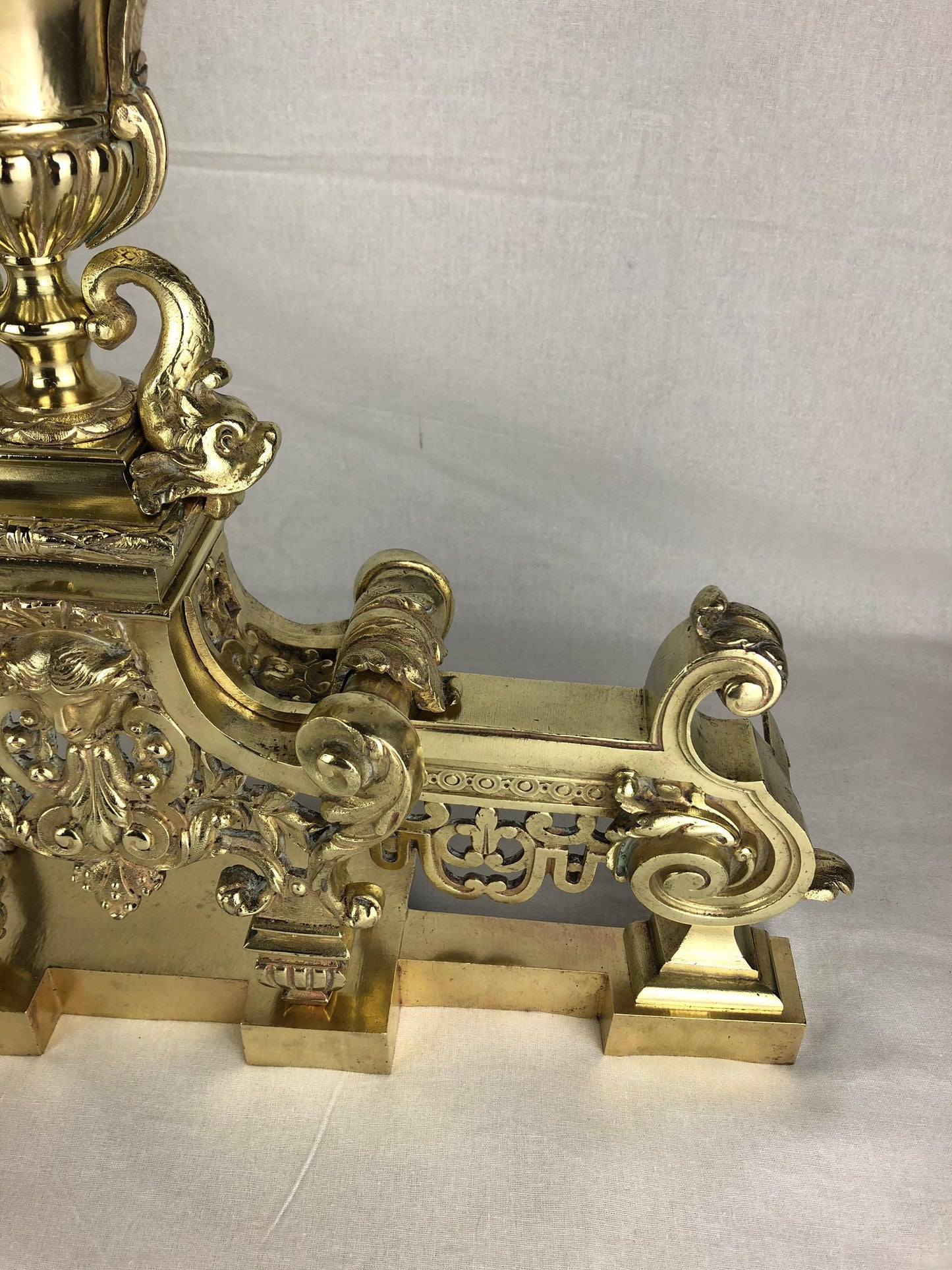18th Century French Louis XVI Gilded Bronze Fireplace Chenets or Urn Andirons — detail 11