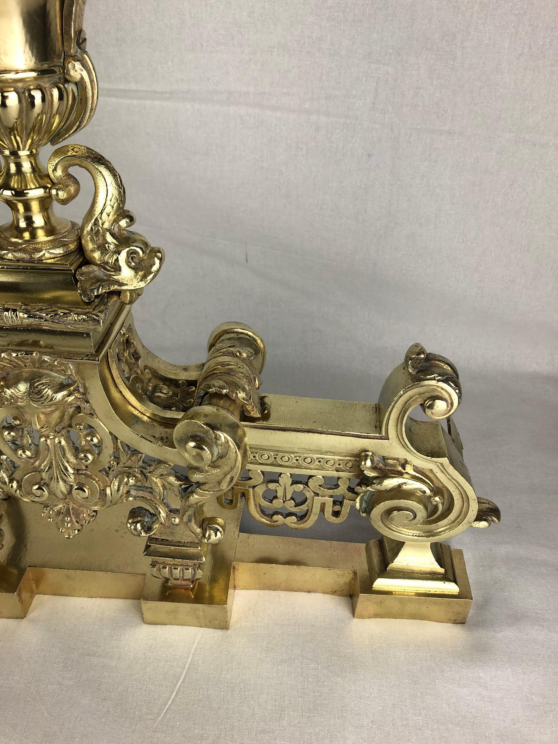 18th Century French Louis XVI Gilded Bronze Fireplace Chenets or Urn Andirons — detail 11