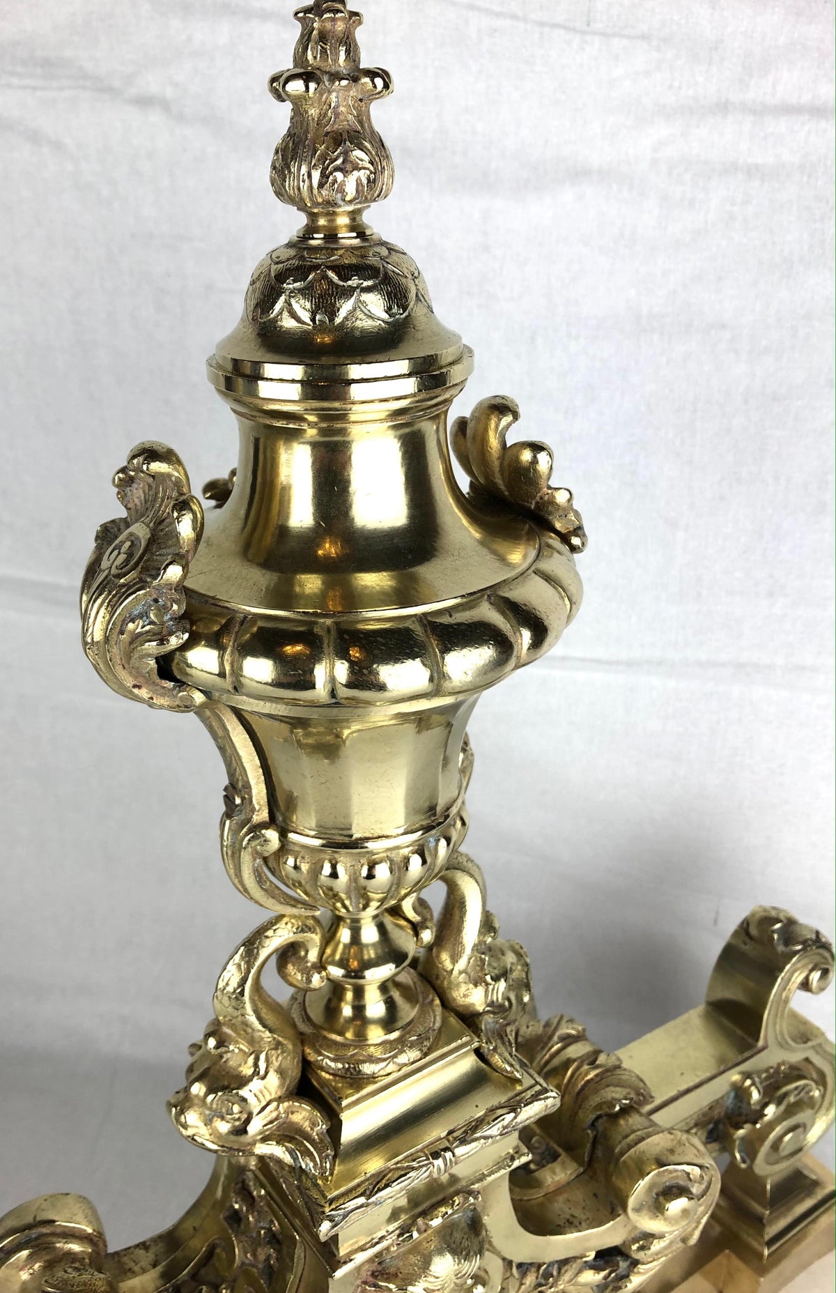 18th Century French Louis XVI Gilded Bronze Fireplace Chenets or Urn Andirons — detail 17