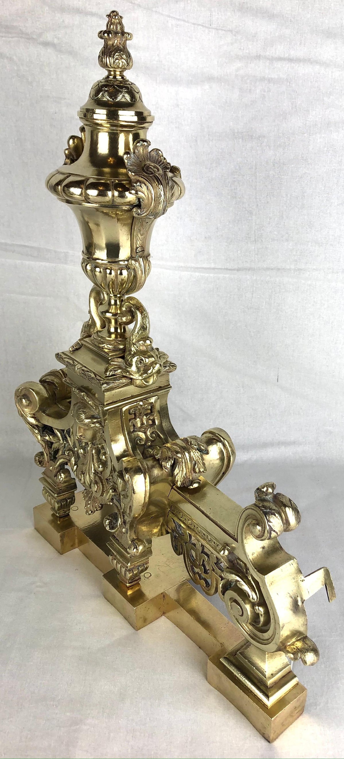 18th Century French Louis XVI Gilded Bronze Fireplace Chenets or Urn Andirons — detail 20