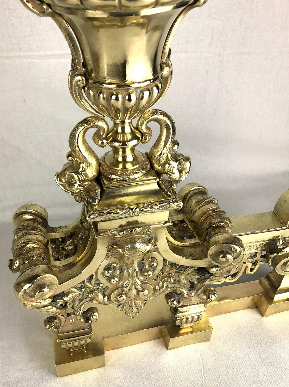 18th Century French Louis XVI Gilded Bronze Fireplace Chenets or Urn Andirons — detail 10