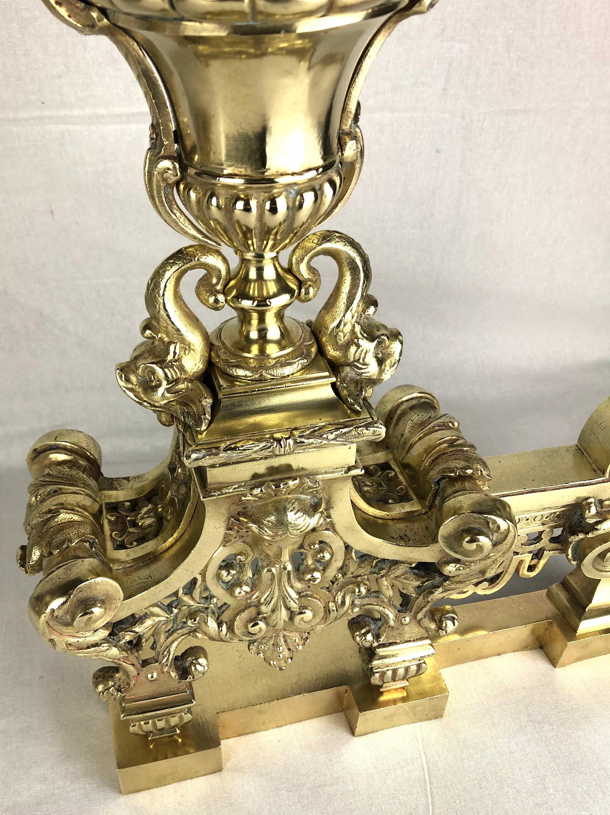 18th Century French Louis XVI Gilded Bronze Fireplace Chenets or Urn Andirons — detail 10