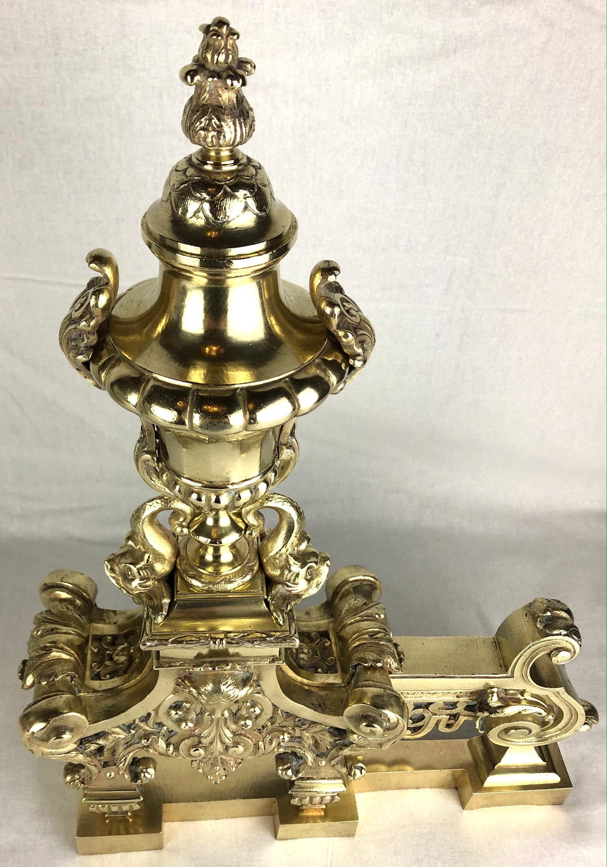 18th Century French Louis XVI Gilded Bronze Fireplace Chenets or Urn Andirons — detail 12