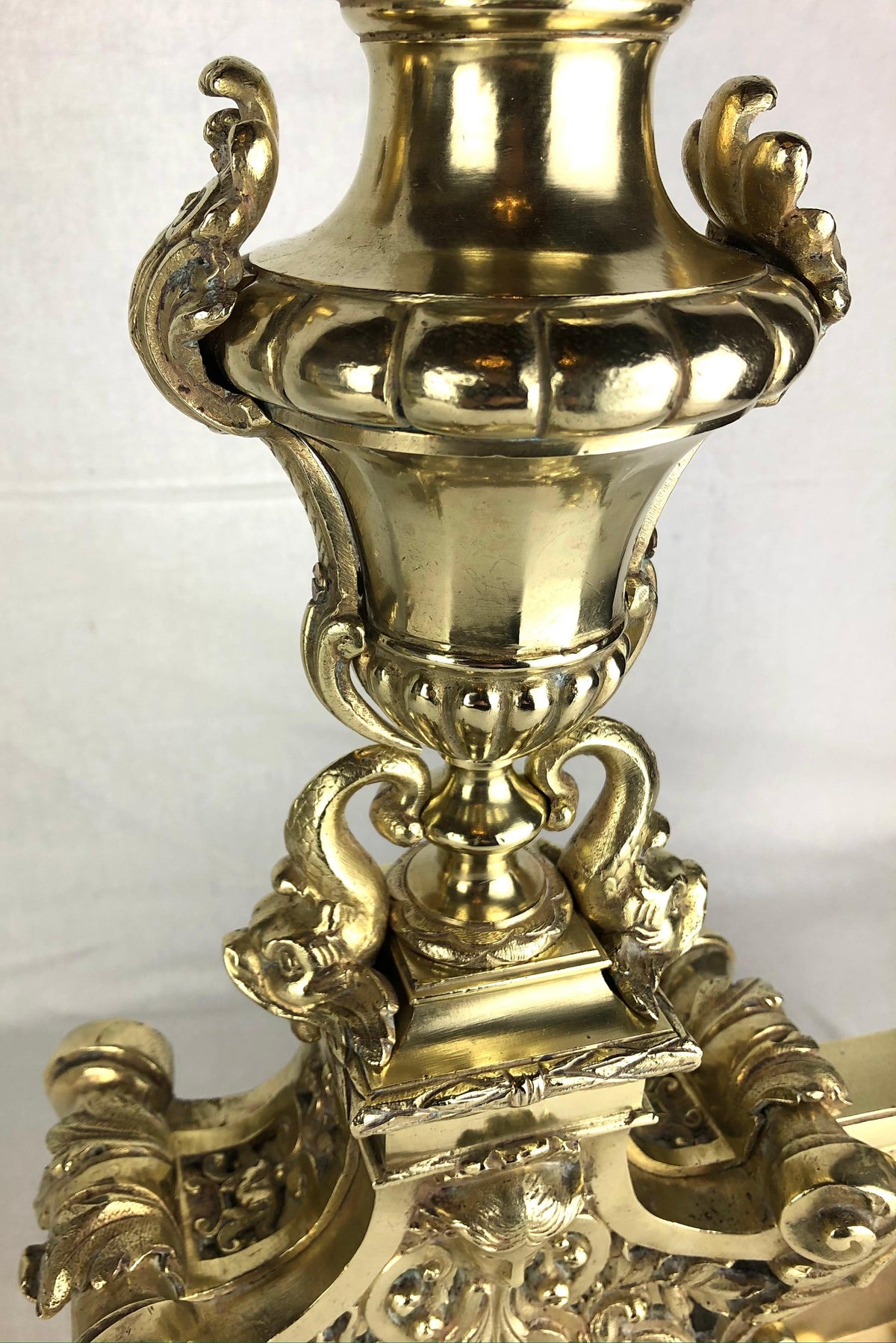 18th Century French Louis XVI Gilded Bronze Fireplace Chenets or Urn Andirons — detail 13