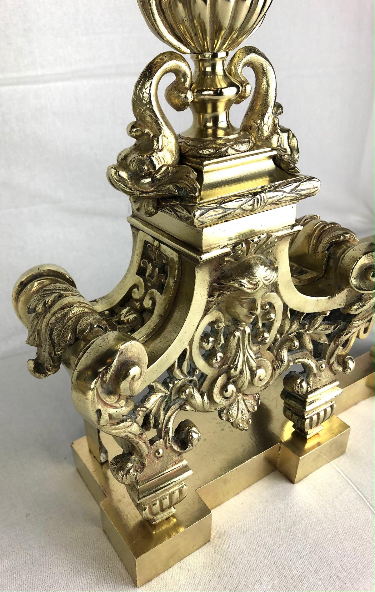 18th Century French Louis XVI Gilded Bronze Fireplace Chenets or Urn Andirons — detail 6