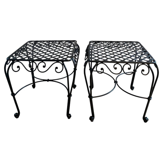 Pair of French Wrought Iron Square Accent Tables, Lattice Tops and Scroll Legs