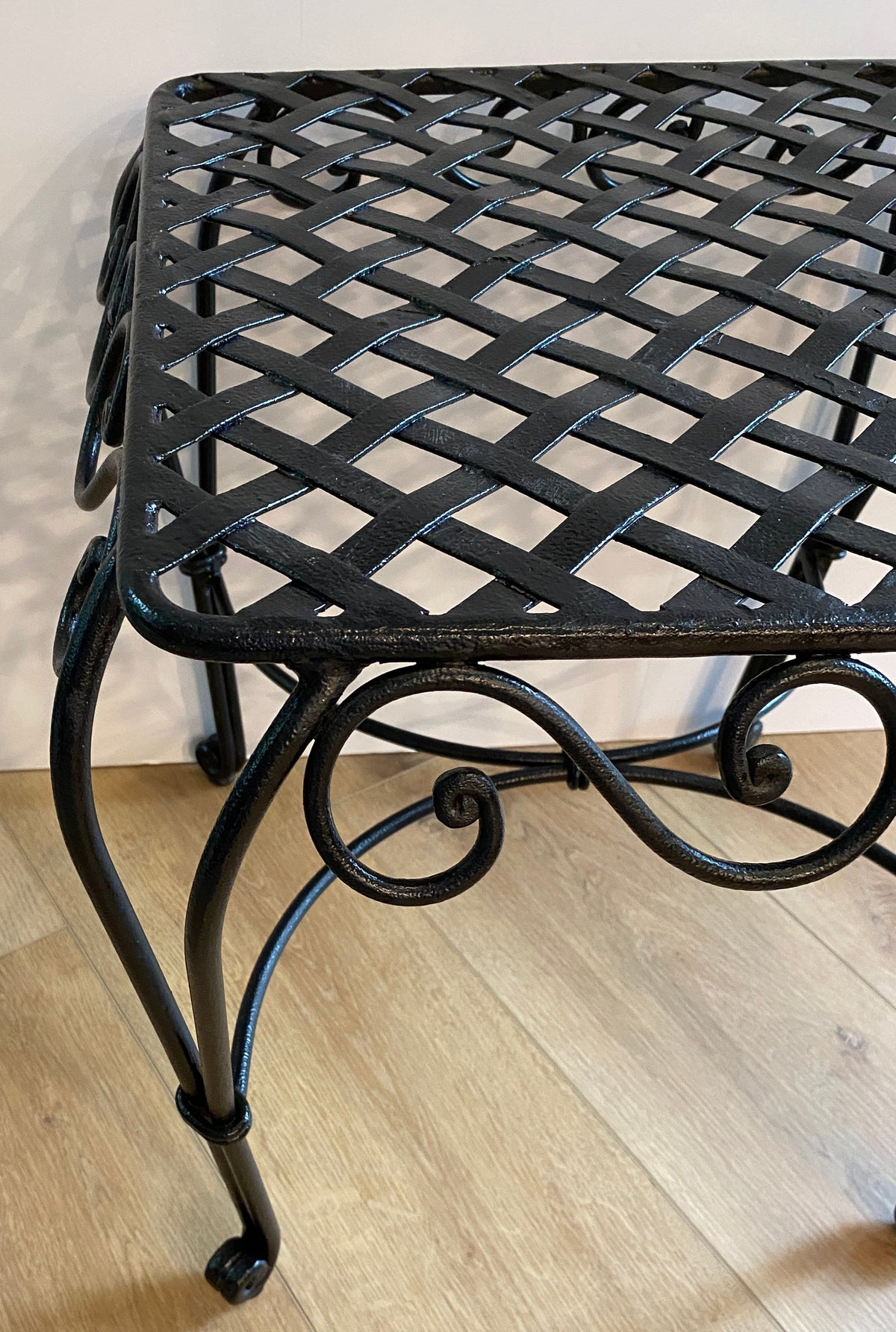 Pair of French Wrought Iron Square Accent Tables, Lattice Tops and Scroll Legs — detail 2