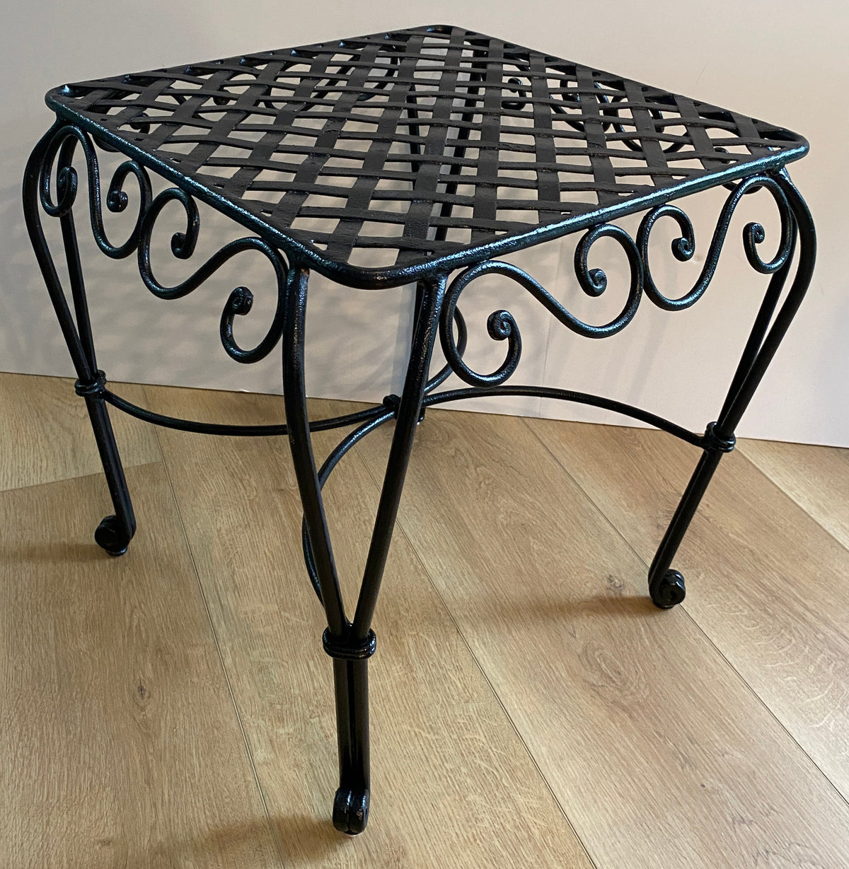 Pair of French Wrought Iron Square Accent Tables, Lattice Tops and Scroll Legs — detail 3