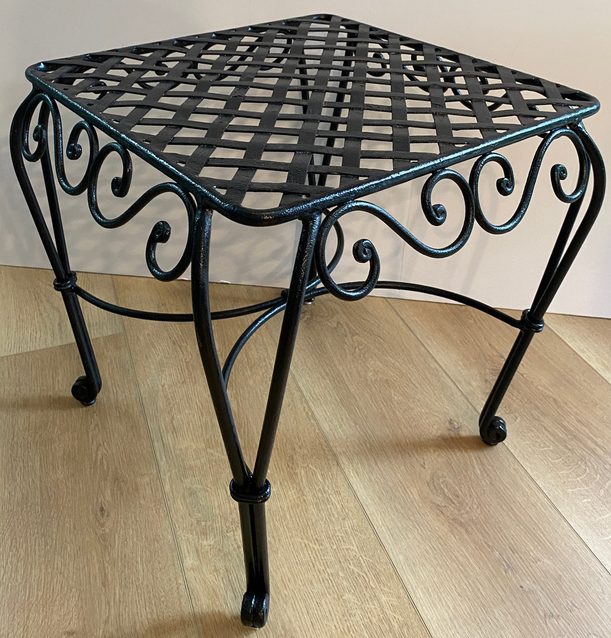 Pair of French Wrought Iron Square Accent Tables, Lattice Tops and Scroll Legs — detail 4