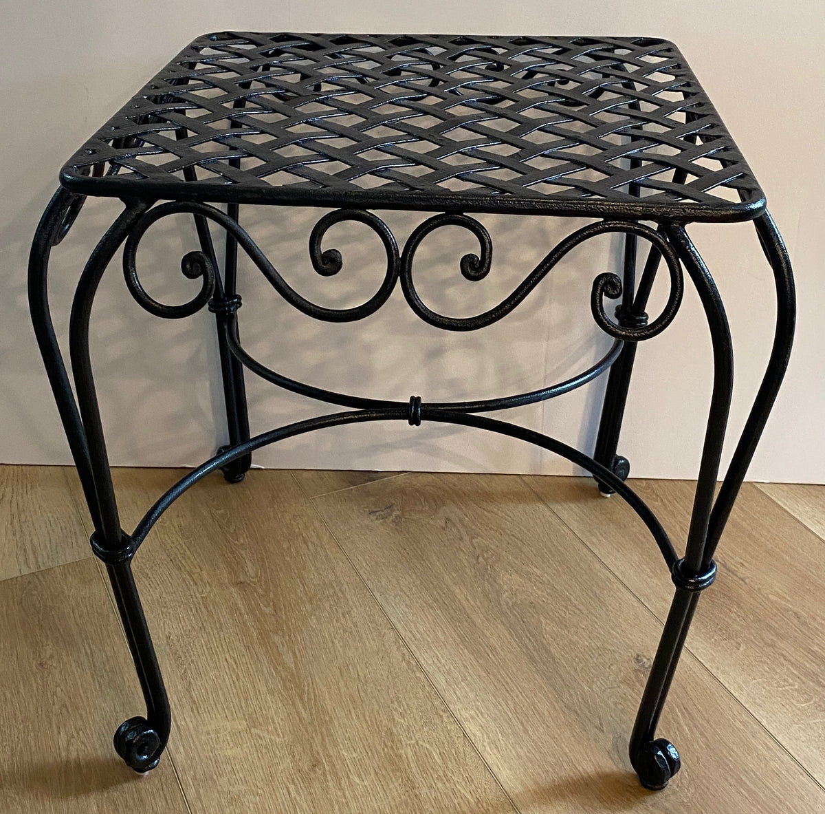 Pair of French Wrought Iron Square Accent Tables, Lattice Tops and Scroll Legs — detail 5