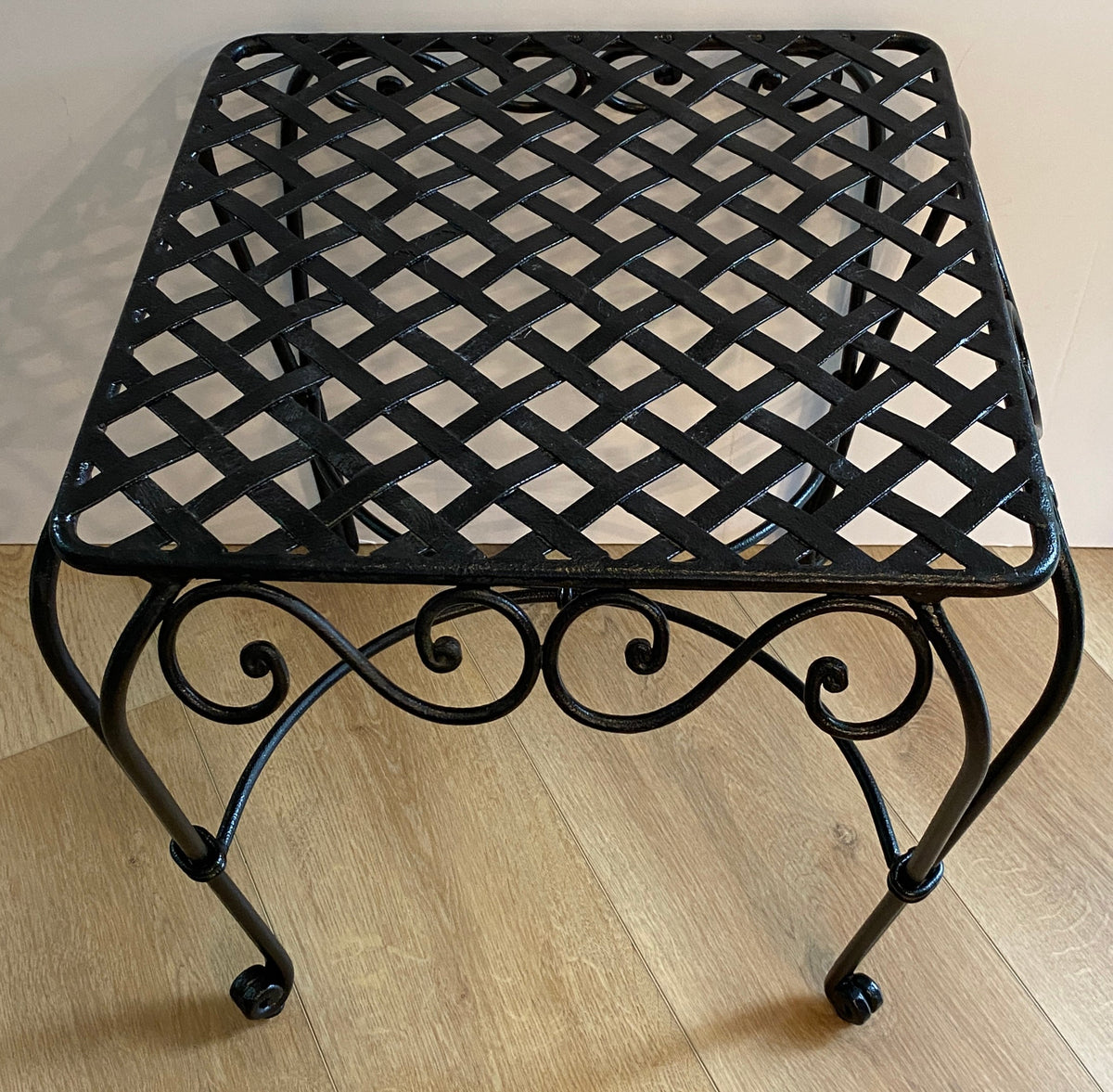 Pair of French Wrought Iron Square Accent Tables, Lattice Tops and Scroll Legs — detail 6