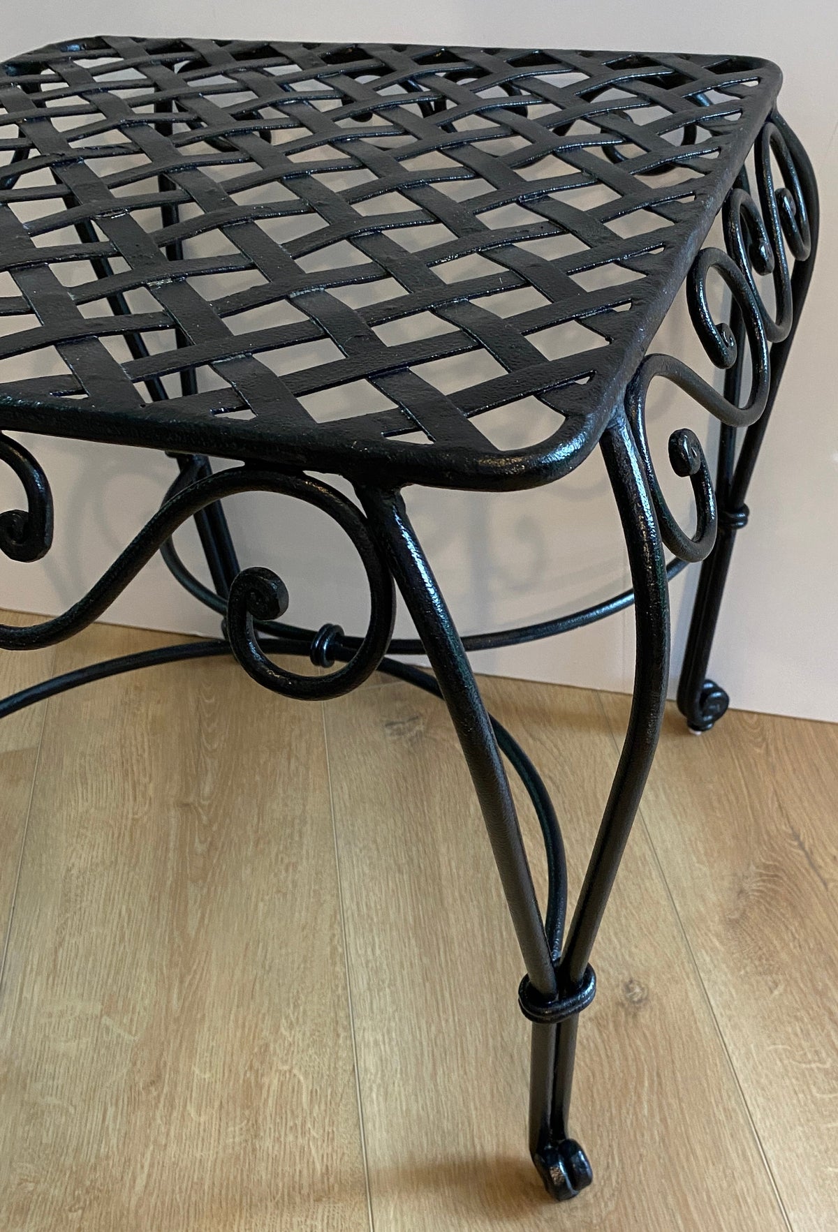 Pair of French Wrought Iron Square Accent Tables, Lattice Tops and Scroll Legs — detail 7