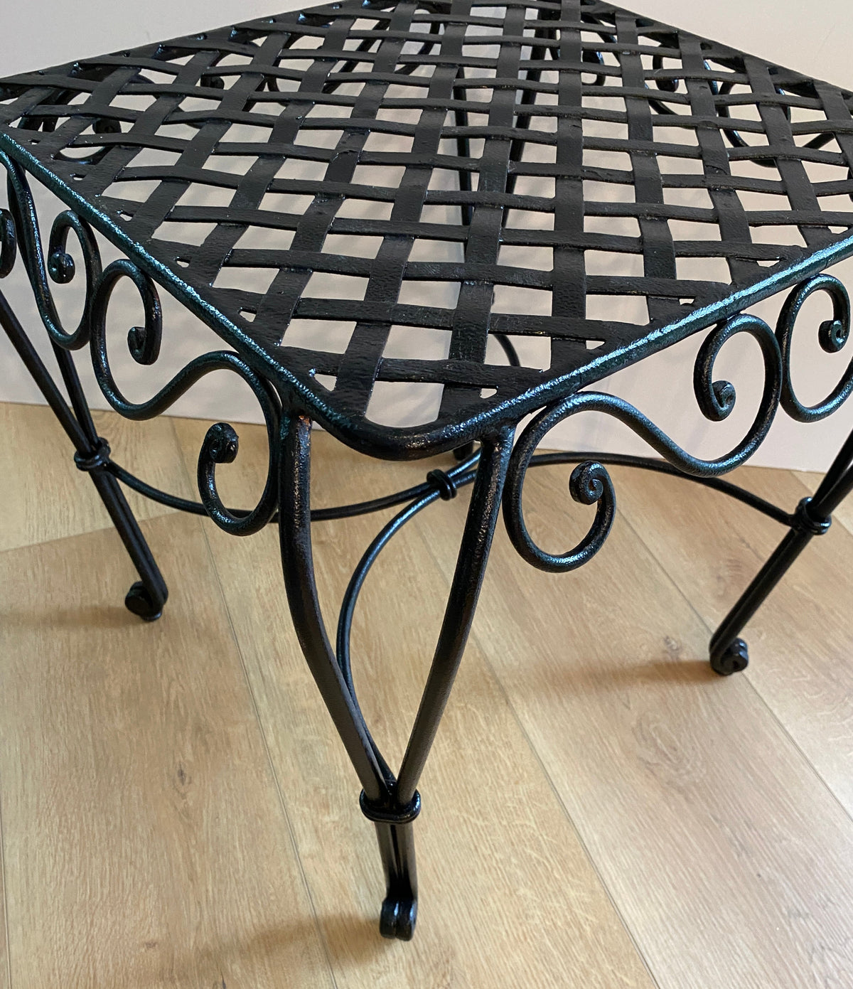Pair of French Wrought Iron Square Accent Tables, Lattice Tops and Scroll Legs — detail 8