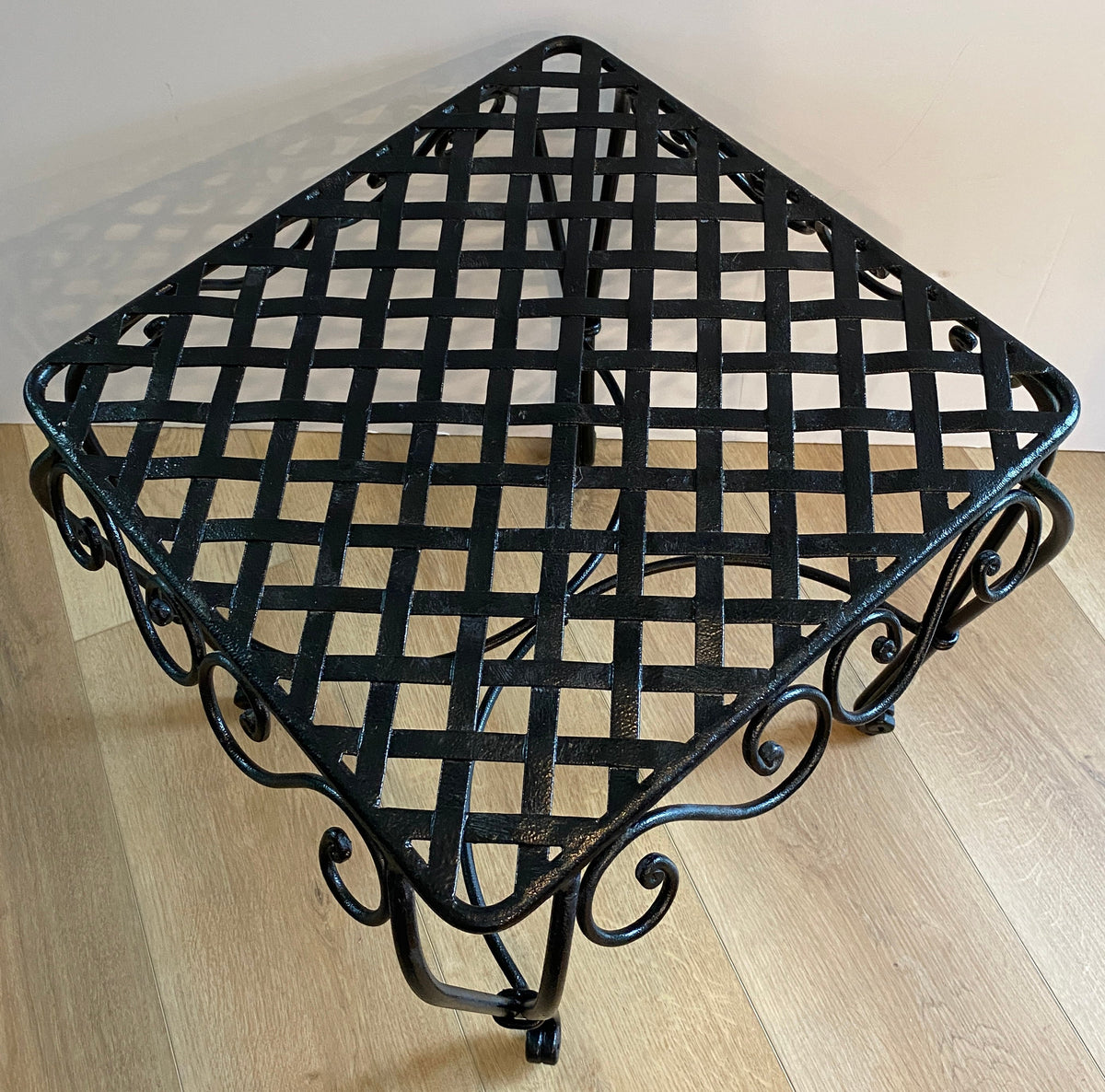 Pair of French Wrought Iron Square Accent Tables, Lattice Tops and Scroll Legs — detail 9