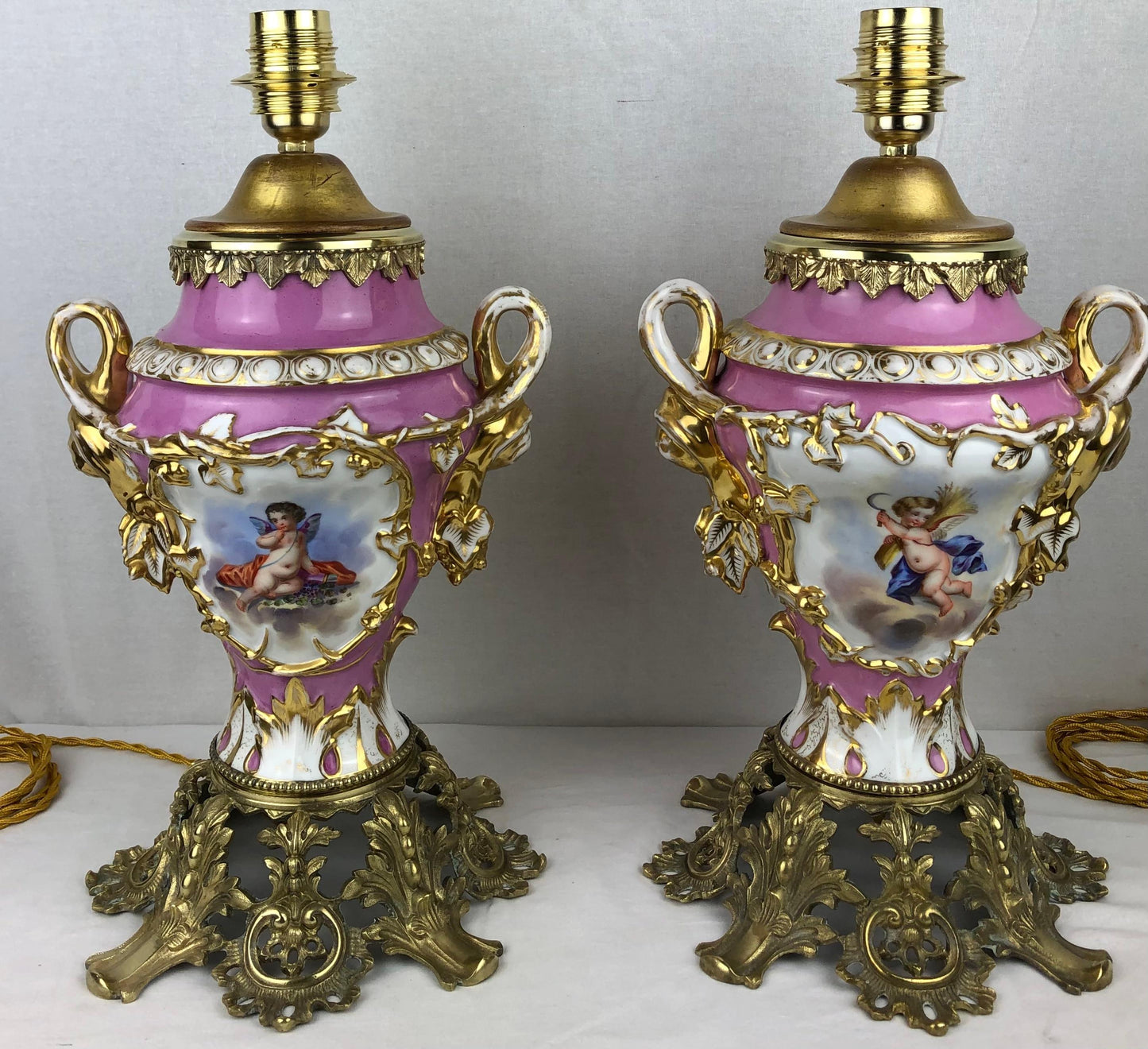 Pair of 19th Century Porcelain Ormolu Mounted Table Lamps by Sevres — detail 2