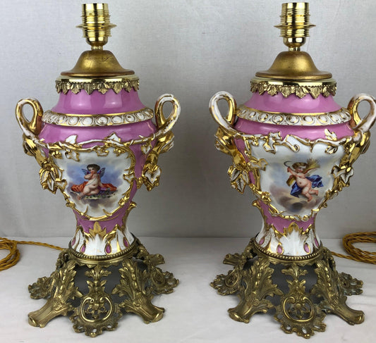 Pair of 19th Century Porcelain Ormolu Mounted Table Lamps by Sevres — detail 2