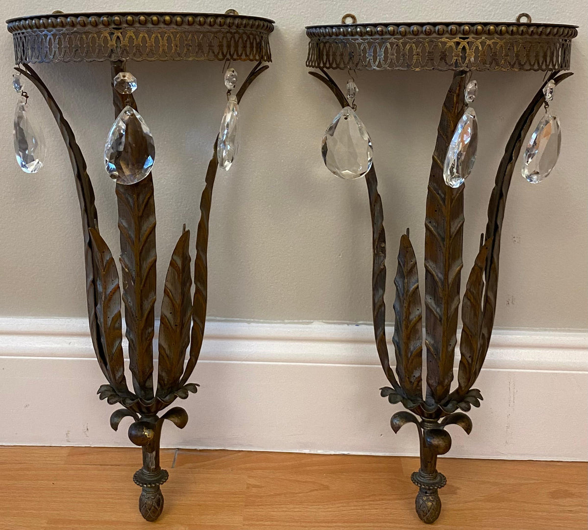 Pair of Italian Metal & Crystal Wall Brackets Shelves — detail 2