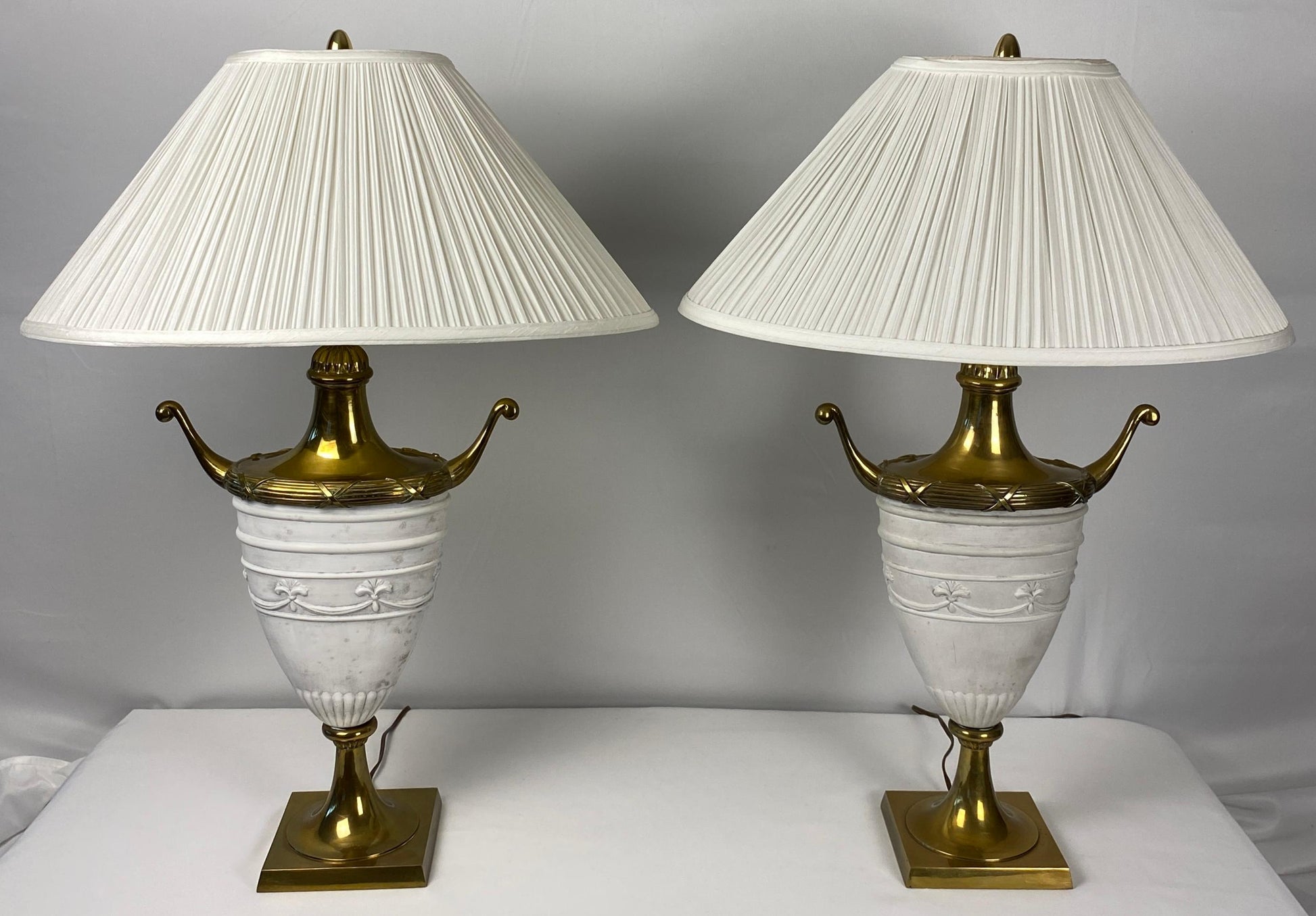 Pair of Italian Urn Shaped Table Lamps Antique White with Bronze and Brass — detail 6