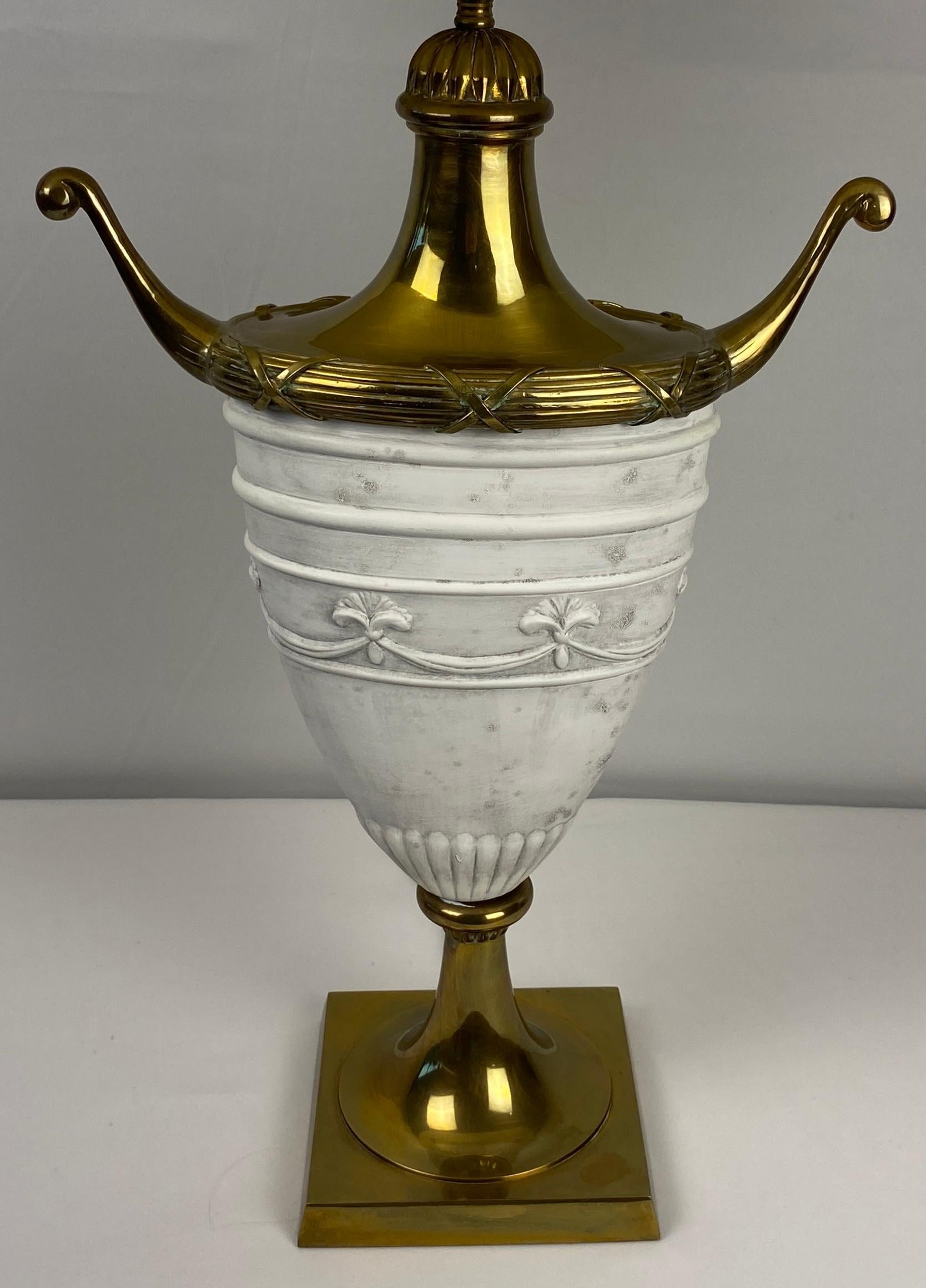 Pair of Italian Urn Shaped Table Lamps Antique White with Bronze and Brass — detail 4