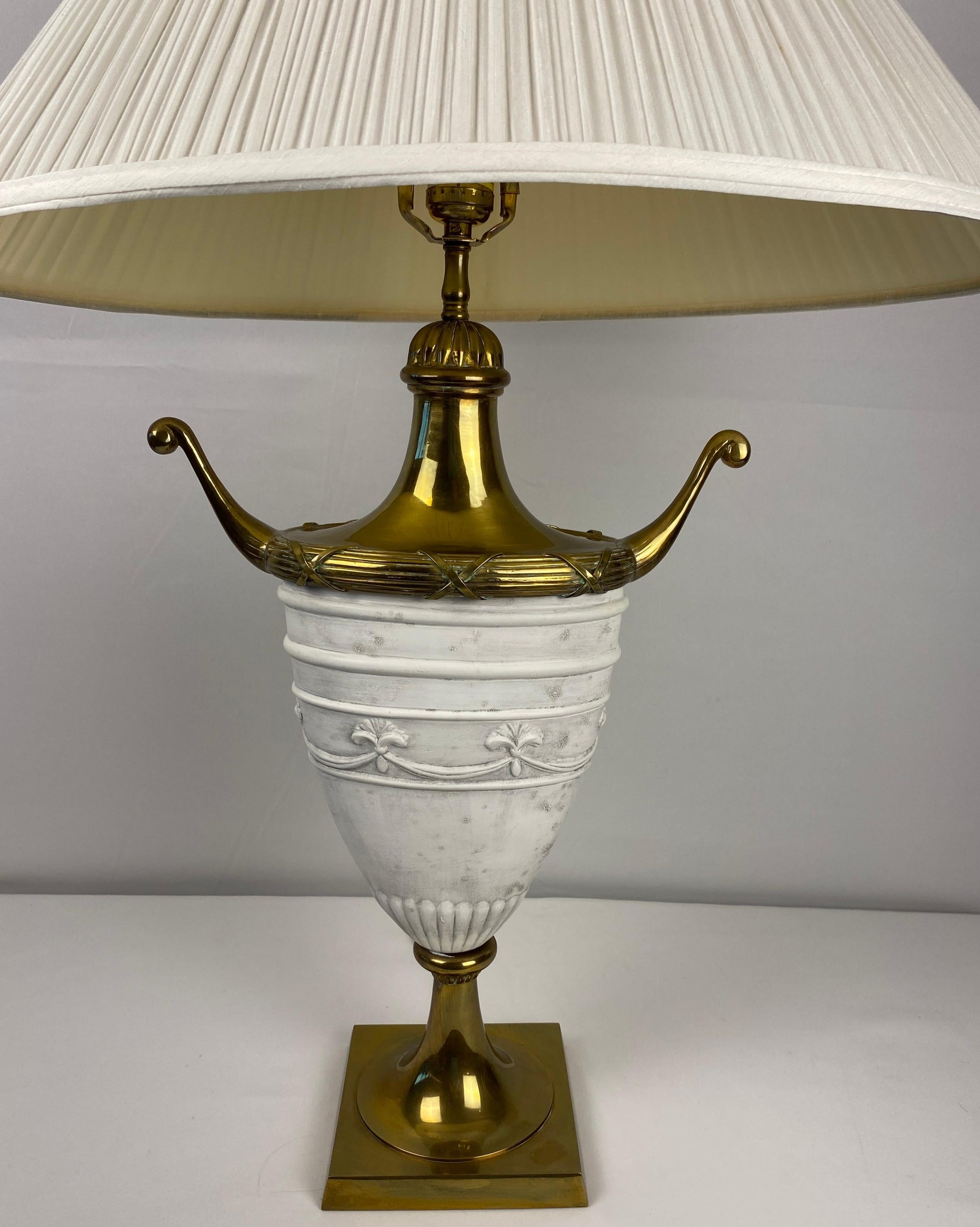 Pair of Italian Urn Shaped Table Lamps Antique White with Bronze and Brass — detail 5