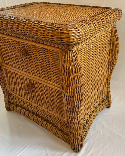 Pair of Wicker/Rattan Chest of Drawers, Hollywood Regency Style Nightstands — detail 3