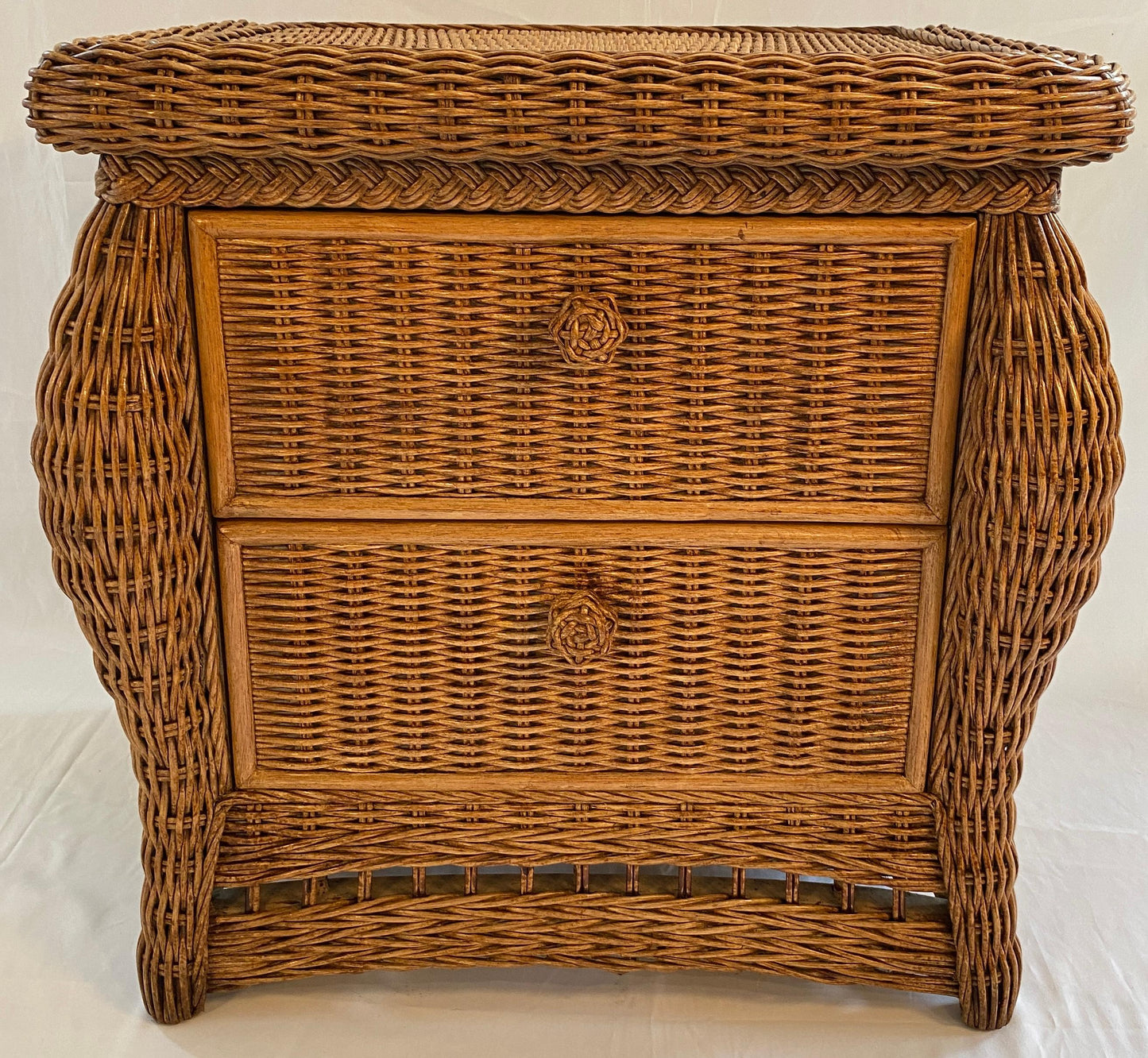 Pair of Wicker/Rattan Chest of Drawers, Hollywood Regency Style Nightstands — detail 4
