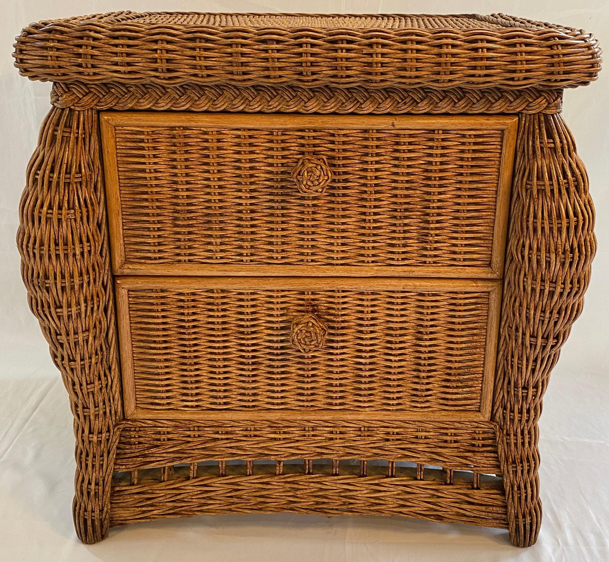 Pair of Wicker/Rattan Chest of Drawers, Hollywood Regency Style Nightstands — detail 4