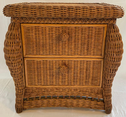 Pair of Wicker/Rattan Chest of Drawers, Hollywood Regency Style Nightstands — detail 4
