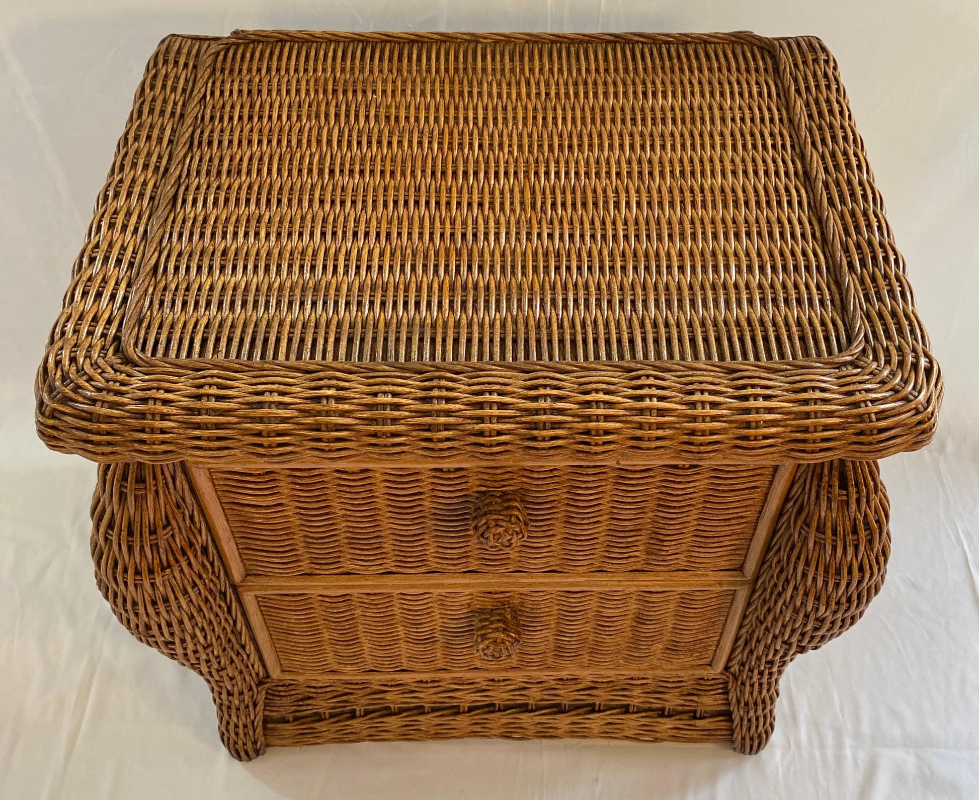Pair of Wicker/Rattan Chest of Drawers, Hollywood Regency Style Nightstands — detail 5