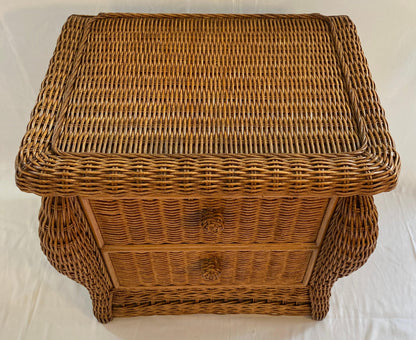 Pair of Wicker/Rattan Chest of Drawers, Hollywood Regency Style Nightstands — detail 5