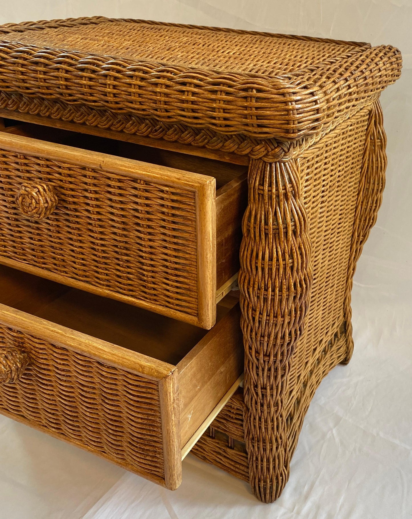 Pair of Wicker/Rattan Chest of Drawers, Hollywood Regency Style Nightstands — detail 6