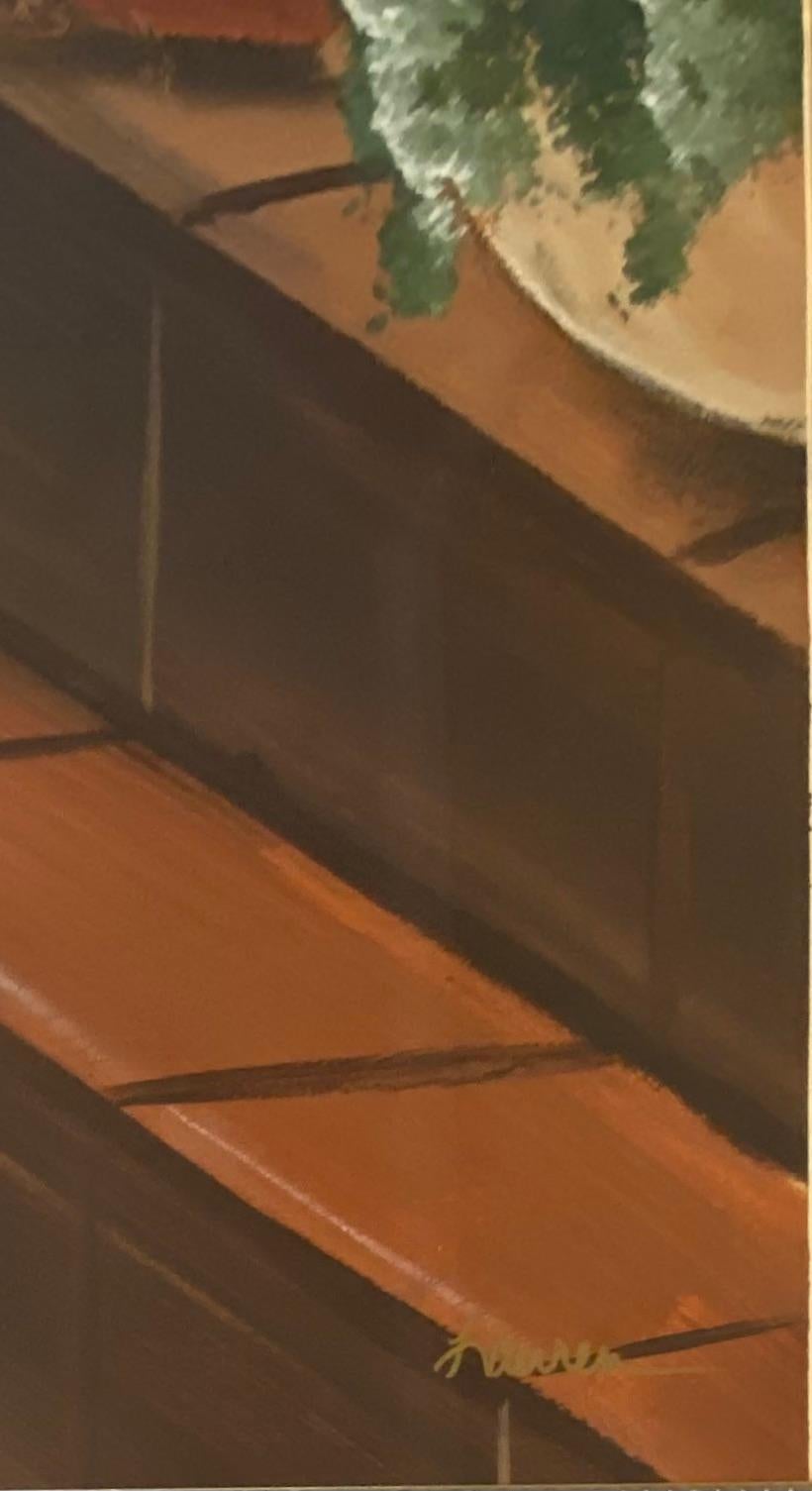 Large Oil on Paper Painting Tropical Palm Trees in Gilt Wood Frame — detail 5