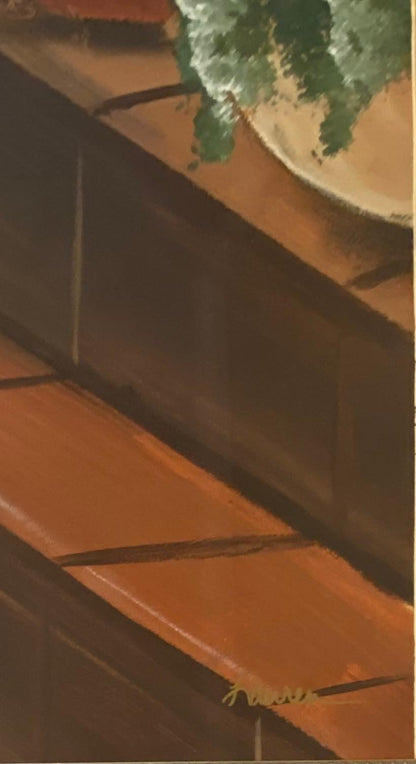 Large Oil on Paper Painting Tropical Palm Trees in Gilt Wood Frame — detail 5