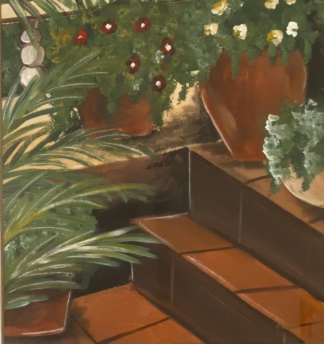 Large Oil on Paper Painting Tropical Palm Trees in Gilt Wood Frame — detail 6