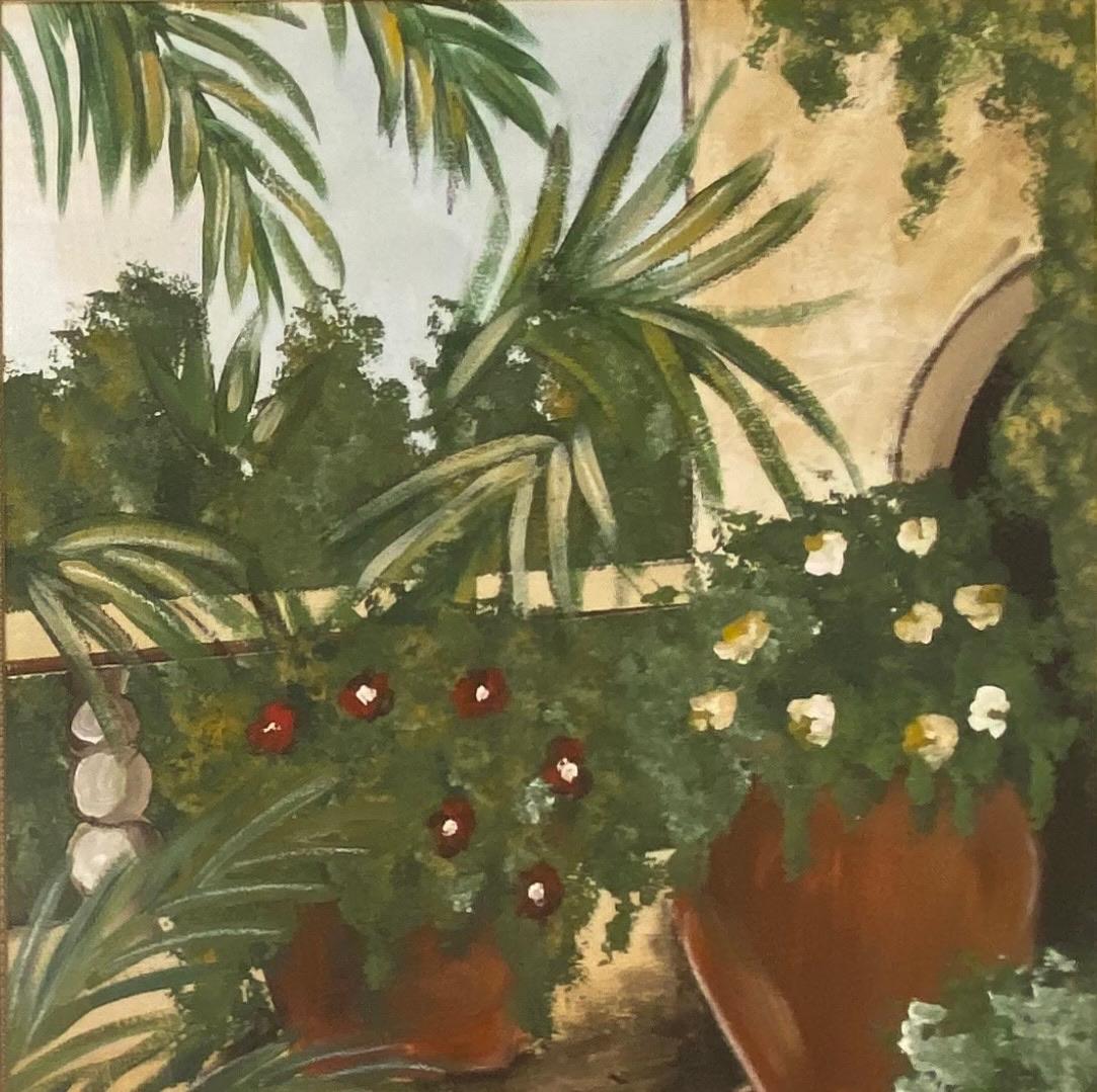 Large Oil on Paper Painting Tropical Palm Trees in Gilt Wood Frame — detail 3