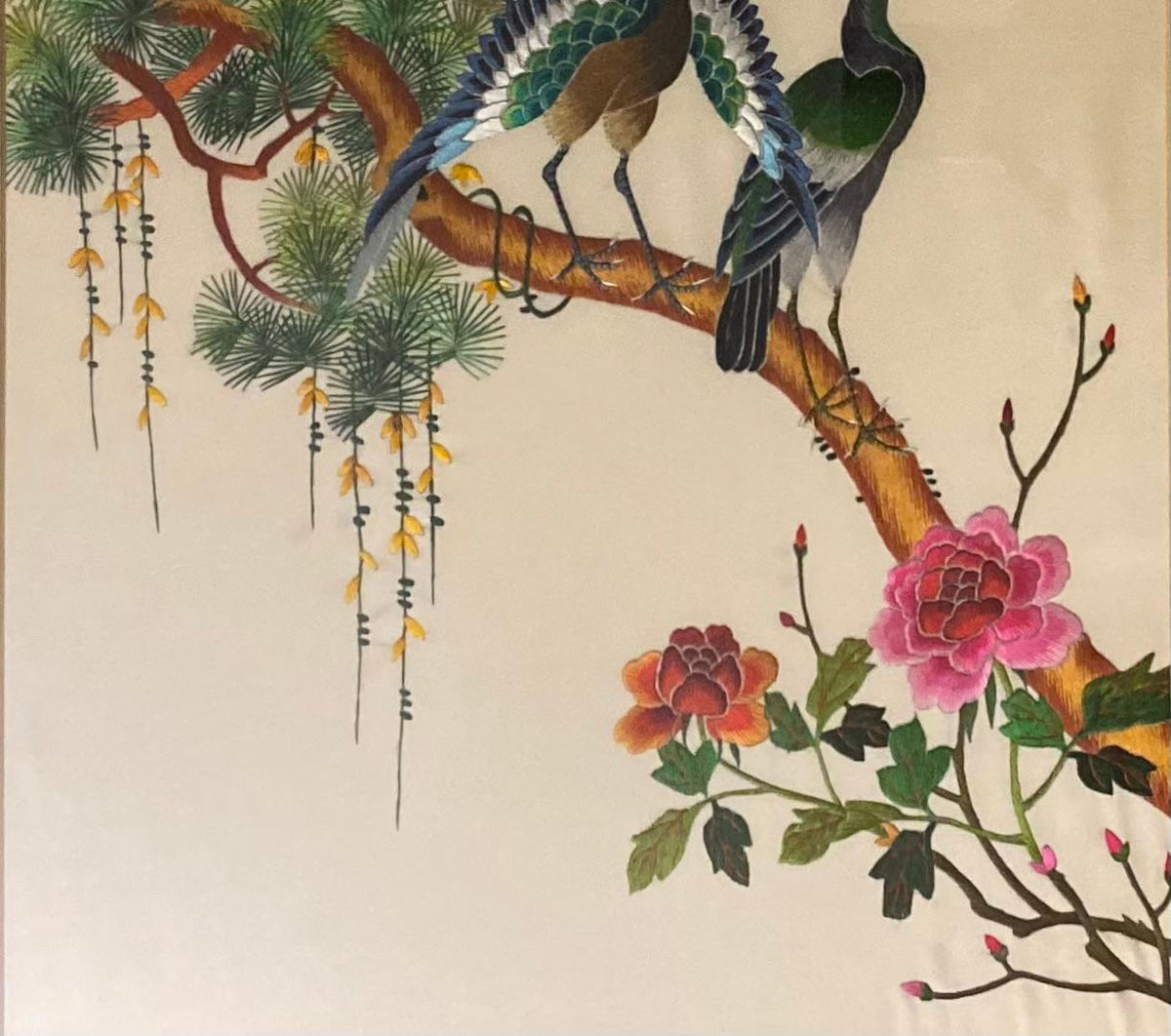 Vintage Silk Thread Wall Art Flora and Fauna Painting Featuring Peacocks — detail 3