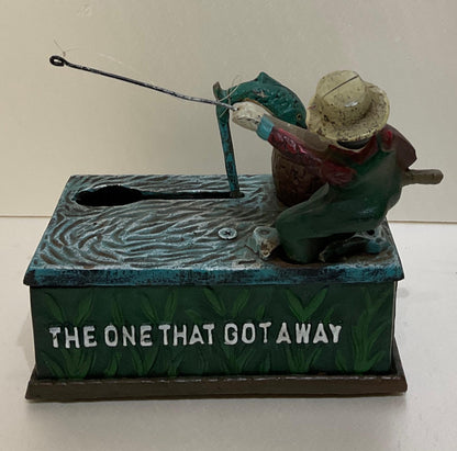 Antique Cast Iron Penny or Money Bank Boy Fishing Marked "The One That Got Away" — detail 3