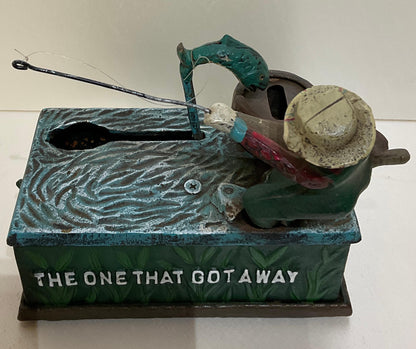 Antique Cast Iron Penny or Money Bank Boy Fishing Marked "The One That Got Away" — detail 5