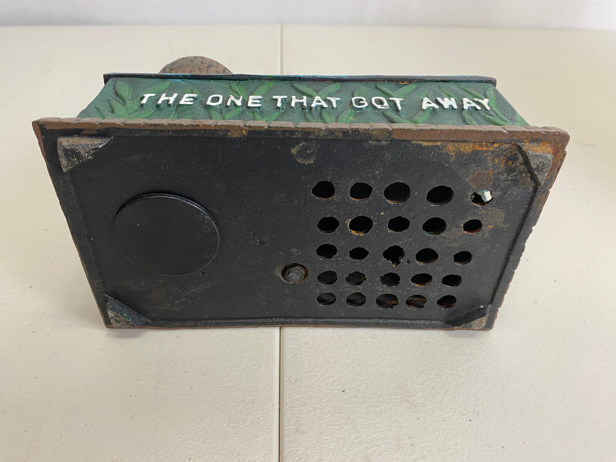 Antique Cast Iron Penny or Money Bank Boy Fishing Marked "The One That Got Away" — detail 6
