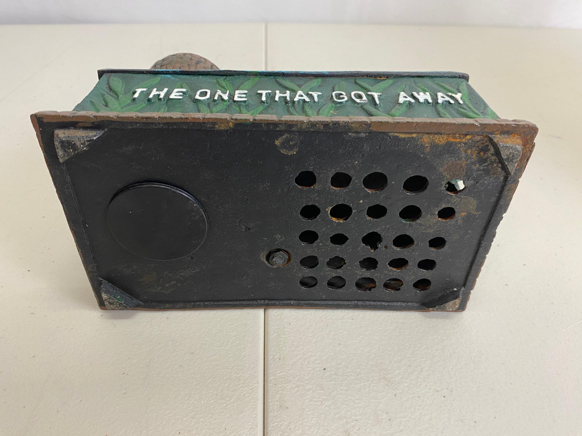 Antique Cast Iron Penny or Money Bank Boy Fishing Marked "The One That Got Away" — detail 6