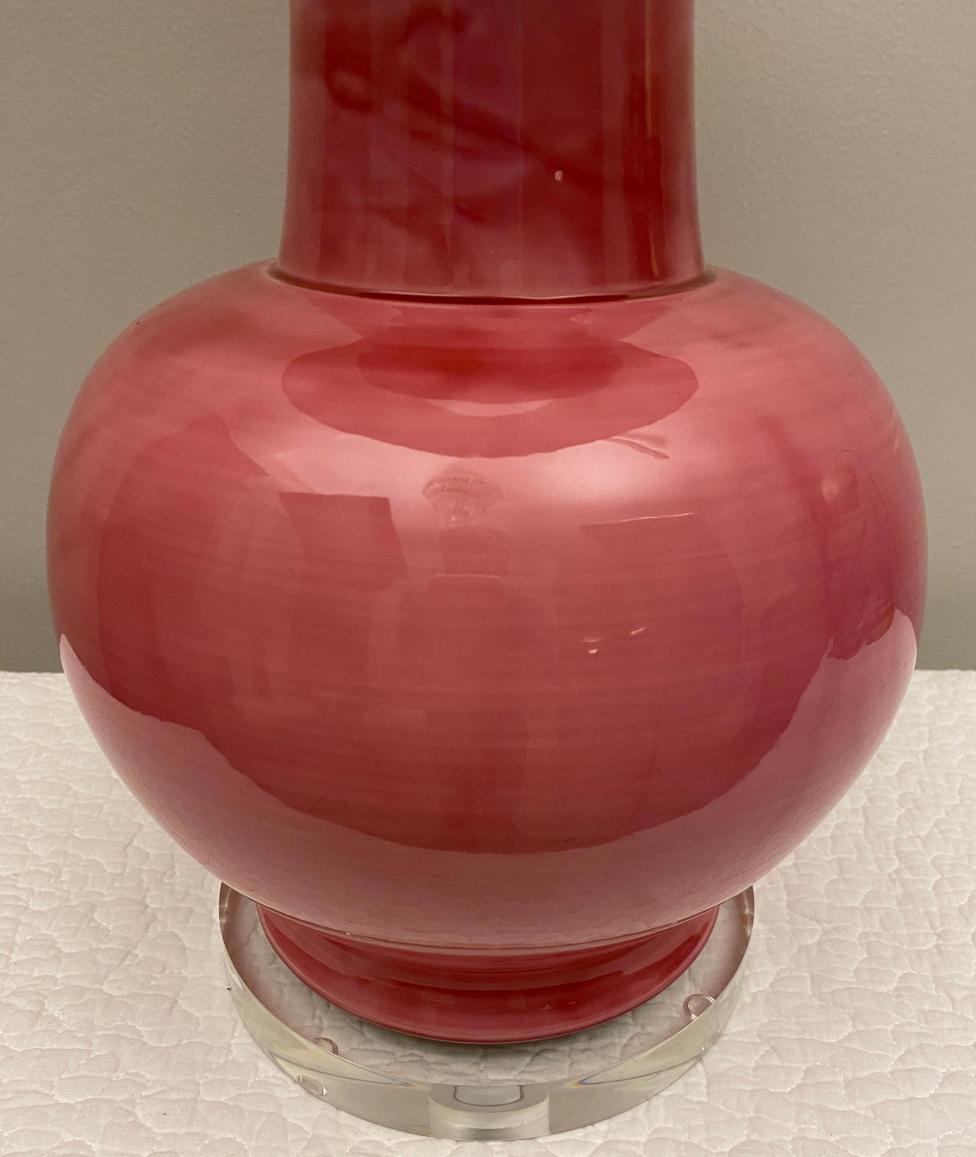 French Ceramic and Lucite Table Lamp Pink and Clear Base — detail 4