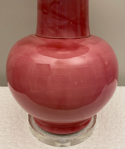 French Ceramic and Lucite Table Lamp Pink and Clear Base — detail 4