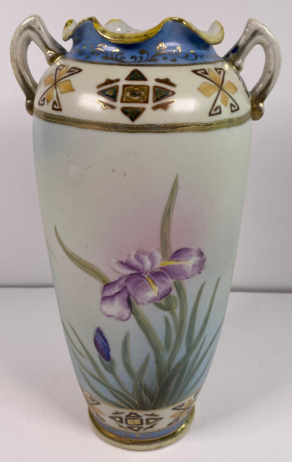Antique Japanese Hand-Painted Porcelain Vase with Birds & Iris Flowers — detail 4