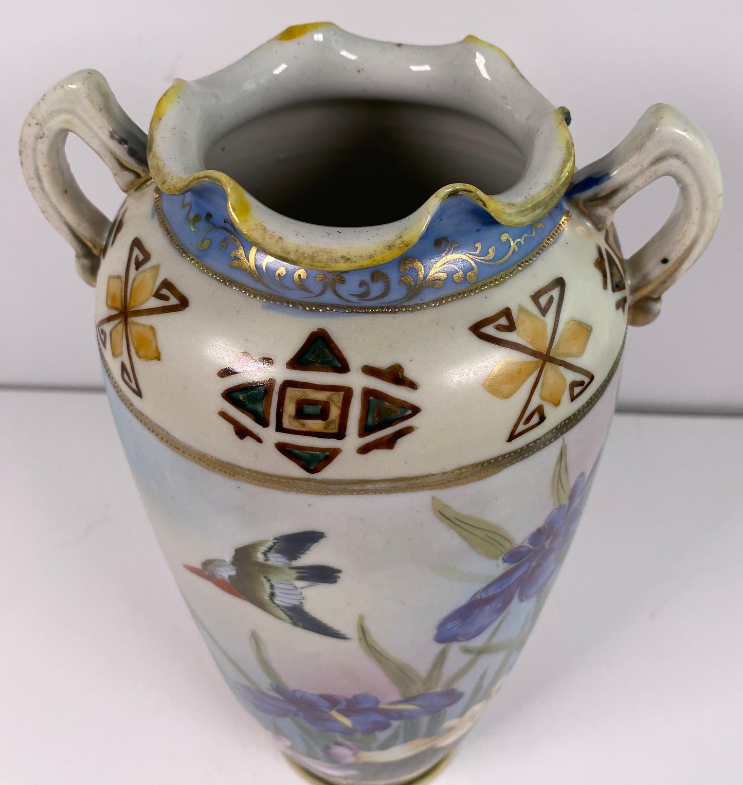 Antique Japanese Hand-Painted Porcelain Vase with Birds & Iris Flowers — detail 3