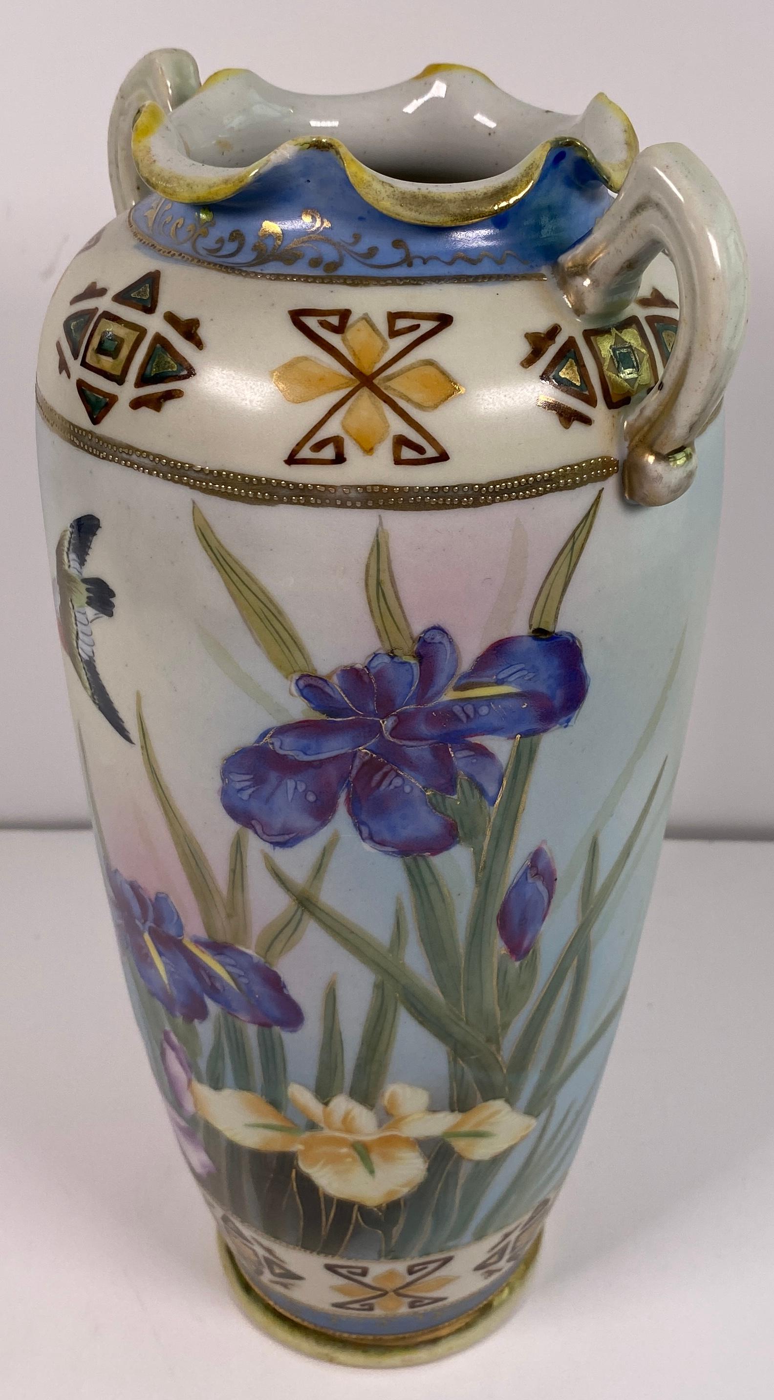 Antique Japanese Hand-Painted Porcelain Vase with Birds & Iris Flowers — detail 2