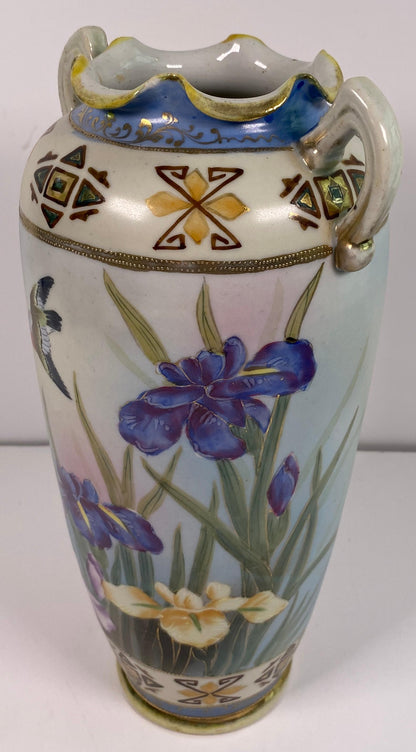 Antique Japanese Hand-Painted Porcelain Vase with Birds & Iris Flowers — detail 2