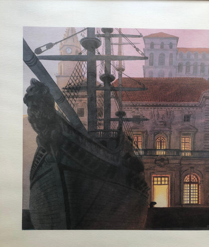 French Framed Lithograph Landscape Seascape Port of Marseille by Night Signed — detail 2